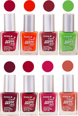 

Aroma Care Orange Matte Nail Polish Combo 0107201679 Maroon, Orange, Golden, Maroon, Green, Magenta, Light Orange, Red, Peach, Purple, Pink, Blue, Yellow, Black, Base Coat, Nude(Pack of 8)