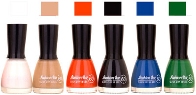 

Fashion Bar Long Stay Pack of 6 Unique Nail Polish Combo 301 white, , orange ,black,blue,green(Pack of 6)