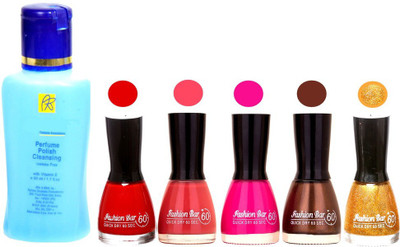 

Fashion Bar Nail Polish With Free Rythmx Nail Polish Remover Combo Offer (Neon Shades at Incredible Value) 1530 Red,Pink,Rani Pink,Choco Brown, Shimmer Gold(Pack of 5)