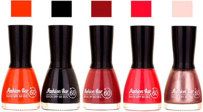 

Fashion Bar Orange ,Black,Cherry ,RedishPink ,Shimemer Light Pink Shades Nail Polish 145369 Orange ,Black,Cherry ,RedishPink ,Shimemer Light Pink(Pack of 5)