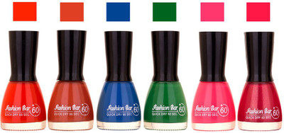 

Fashion Bar Long Stay Pack of 6 Unique Nail Polish Combo 301 Redish Orange ,Lite brown,Blue,Green,Neon pink,Shimmer mazanta(Pack of 6)