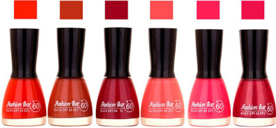 

Fashion Bar Long Stay Pack of 6 Unique Nail Polish Combo 301 Redish orange ,Lite Brown,Mehroon Move,peach ,shimmer mazanta(Pack of 6)