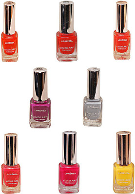 

Lorenza Combo Set-9 Nail Lacquer (Pack Of 8) Hello Yellow-250, Sinful-360, Vibrant-375, For a Change-421, This Is It-455, Cherry-566, Mauved-641, Grey Shades-911(Pack of 8)