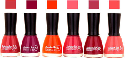 Flipkart - Fashion Bar Long Stay Pack of 6 Unique Nail Polish Combo 301 Brownish pink,dark purple ,Orange , pink Move, peach(Pack of 4)