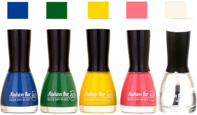 

Fashion Bar Blue ,Green,Yellow,Pink,Top Shades Nail Polish 145303 Blue ,Green,Yellow,Pink,Top(Pack of 5)