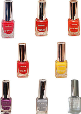 

Lorenza Combo Set-1 Nail Lacquer (Pack Of 8) Base & Top Coat-010, Hellow Yellow-250, Kiss Me-309, Bombshell-340, OMG-404, Rrred-515, Lavender-625, Grey Shades-911(Pack of 8)