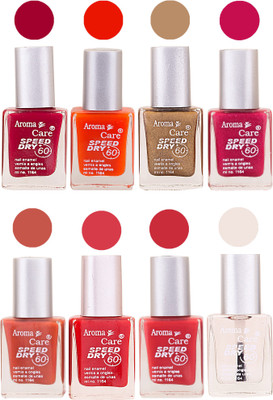 

Aroma Care Orange Matte Nail Polish Combo 0107201650 Maroon, Orange, Golden, Maroon, Green, Magenta, Light Orange, Red, Peach, Purple, Pink, Blue, Yellow, Black, Base Coat, Nude(Pack of 8)
