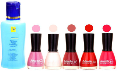 

Fashion Bar Nail Polish With Free Rythmx Nail Polish Remover Combo Offer (Neon Shades at Incredible Value) 1538 Voilet ,White,Mauve,Red,Pink(Pack of 5)