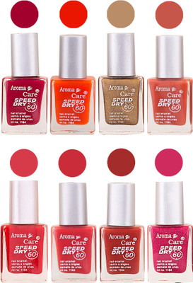

Aroma Care Orange Matte Nail Polish Combo 0107201653 Maroon, Orange, Golden, Maroon, Green, Magenta, Light Orange, Red, Peach, Purple, Pink, Blue, Yellow, Black, Base Coat, Nude(Pack of 8)