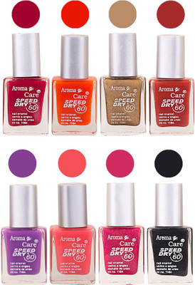 

Aroma Care Orange Matte Nail Polish Combo 0107201671 Maroon, Orange, Golden, Maroon, Green, Magenta, Light Orange, Red, Peach, Purple, Pink, Blue, Yellow, Black, Base Coat, Nude(Pack of 8)