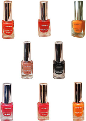 

Lorenza Combo Set-8 Nail Lacquer (Pack Of 8) Sunflower-262, Bombshell-340, Sinful-360, OMG-404, Funky-438, Party Time-550, Brown-670, Black Diamond-900(Pack of 8)