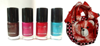 

Oriflame Sweden Pure colour mini nail polish set of 4 with carry pouch Burgundy Wine, Hot Fuchsia, Coral Red, Marine Blue