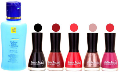

Fashion Bar Nail Polish With Free Rythmx Nail Polish Remover Combo Offer (Neon Shades at Incredible Value) 1529 Black,Mauve,Redish,Shimmer Light,Voilet(Pack of 5)