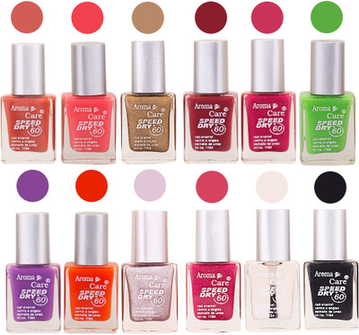 

Aroma Care Pink Nail Polish Combo 25081609 Orange, Pink, Golden, Maroon, Peach, Green, Purple, Silver, Blue, Yellow, Base Coat, Black(Pack of 12)