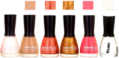 

Fashion Bar Long Stay Pack of 6 Unique Nail Polish Combo 301 white,musted,simmer Multi,simmer gold,pink, transperent(Pack of 6)