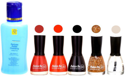 

Fashion Bar Nail Polish With Free Rythmx Nail Polish Remover Combo Offer (Neon Shades at Incredible Value) 1518 Musted,Orange,Black,Gold jari,Topcot(Pack of 5)