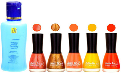 

Fashion Bar Nail Polish With Free Rythmx Nail Polish Remover Combo Offer (Neon Shades at Incredible Value) 1519 Glitter Frosty,Copper,Peach,Yellow,Orange(Pack of 5)
