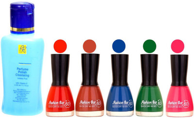 

Fashion Bar Nail Polish With Free Rythmx Nail Polish Remover Combo Offer (Neon Shades at Incredible Value) 1502 Red,Brown,Blue,Green,Pink(Pack of 5)