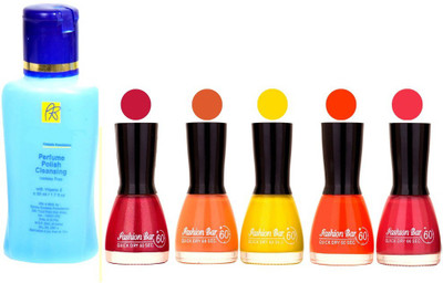 

Fashion Bar Nail Polish With Free Rythmx Nail Polish Remover Combo Offer (Neon Shades at Incredible Value) 1576 Shimmer Mazanta,Peach,Yellow,Frosty,Pink Deep(Pack of 5)
