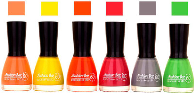 

Fashion Bar Long Stay Pack of 6 Unique Nail Polish Combo 327 Peach,yellow,orange,Pink,Gray,Green(Pack of 6)