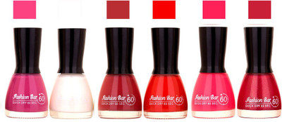 

Fashion Bar Long Stay Pack of 6 Unique Nail Polish Combo 307 Lite pink,White,Mehroon Brawn,Neon pink ,Simmer mazanta(Pack of 6)