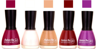 

Fashion Bar Mauve ,White ,Musted ,Maroon,Purple Shades Nail Polish 145345 Mauve ,White ,Musted ,Maroon,Purple(Pack of 5)