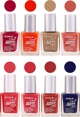 

Aroma Care Orange Matte Nail Polish Combo 0107201654 Maroon, Orange, Golden, Maroon, Green, Magenta, Light Orange, Red, Peach, Purple, Pink, Blue, Yellow, Black, Base Coat, Nude(Pack of 8)