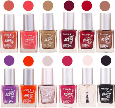 

Aroma Care Orange Nail Polish Combo 909201615 Orange, Pink, Golden, Maroon, Nude, Green, Red, Purple, Silver, Blue, Yellow, Magenta, Peach, Black(Pack of 12)