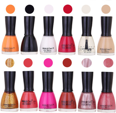 

Aroma Care Wholesale Rate Nail Polish Combo Set of 12 Pcs ( Multicolor) 38 Light Orange, Black, White, Maganta, Top Coat, Skin, Golden Sparkle, Peach, Neon Pink, Brown, Pink Glaiter, Maganta Glaiter(Pack of 12)