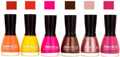 

Fashion Bar Long Stay Pack of 6 Unique Nail Polish Combo 332 peach , yellow , mazanta, brown ,shimmer pink , purple(Pack of 6)