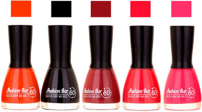 

Fashion Bar Oragne ,Black,Cherry ,Redish Pink ,Lotous Pink Shades Nail Polish 145368 Oragne ,Black,Cherry ,Redish Pink ,Lotous Pink(Pack of 5)