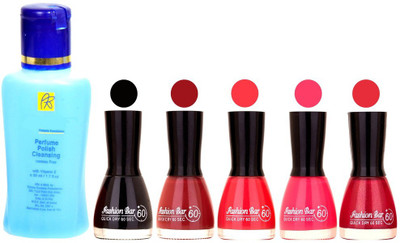 

Fashion Bar Nail Polish With Free Rythmx Nail Polish Remover Combo Offer (Neon Shades at Incredible Value) 1537 Black,Mauve,Pink,Baby Pink,Shimmer(Pack of 5)