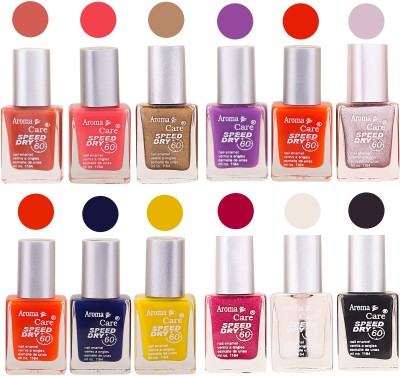 

Aroma Care Pink Nail Polish Combo 25081619 Orange, Pink, Golden, Maroon, Peach, Green, Purple, Silver, Blue, Yellow, Base Coat, Black(Pack of 12)