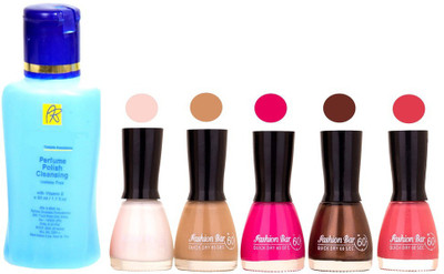 

Fashion Bar Nail Polish With Free Rythmx Nail Polish Remover Combo Offer (Neon Shades at Incredible Value) 1543 White,Nude,Rani Pink,Choco Brown,Neon Pink(Pack of 5)