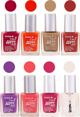

Aroma Care Orange Matte Nail Polish Combo 0107201672 Maroon, Orange, Golden, Maroon, Green, Magenta, Light Orange, Red, Peach, Purple, Pink, Blue, Yellow, Black, Base Coat, Nude(Pack of 8)
