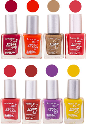 

Aroma Care Orange Matte Nail Polish Combo 0107201661 Maroon, Orange, Golden, Maroon, Green, Magenta, Light Orange, Red, Peach, Purple, Pink, Blue, Yellow, Black, Base Coat, Nude(Pack of 8)