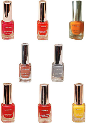 

Lorenza Combo Set-23 Nail Lacquer (Pack Of 8) Hello Yellow-250, Kiss Me-309, Fuchsia Its Hot-324, Funky-438, This Is It-455, Party Time-550, Brown-670, Grey Shades-911(Pack of 8)