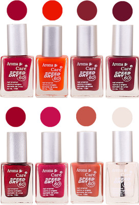 

Aroma Care Orange Matte Nail Polish Combo 0107201699 Maroon, Orange, Golden, Maroon, Green, Magenta, Light Orange, Red, Peach, Purple, Pink, Blue, Yellow, Black, Base Coat, Nude(Pack of 8)
