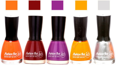 

Fashion Bar Orange ,Maroon,Purple ,yellow ,Silver Shades Nail Polish 145367 Orange ,Maroon,Purple ,yellow ,Silver(Pack of 5)