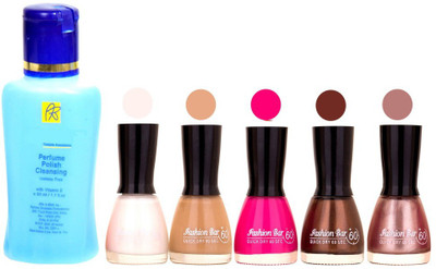 

Fashion Bar Nail Polish With Free Rythmx Nail Polish Remover Combo Offer (Neon Shades at Incredible Value) 1566 White,Nude,Rani Mazanta,Choco Brown,Shimmer Light(Pack of 5)