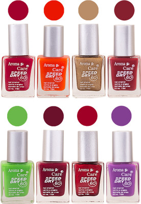 

Aroma Care Orange Matte Nail Polish Combo 0107201606 Maroon, Orange, Golden, Maroon, Green, Magenta, Light Orange, Red, Peach, Purple, Pink, Blue, Yellow, Black, Base Coat, Nude(Pack of 8)