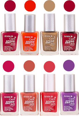 Aroma Care Orange Matte Nail Polish Combo 0107201636 Maroon, Orange, Golden, Maroon, Green, Magenta, Light Orange, Red, Peach, Purple, Pink, Blue, Yellow, Black, Base Coat, Nude(Pack of 8)