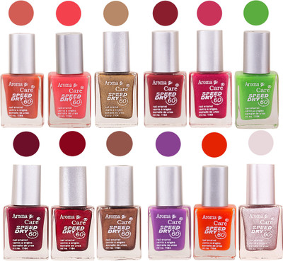 

Aroma Care Pink Nail Polish Combo 25081602 Orange, Pink, Golden, Maroon, Peach, Green, Purple, Silver, Blue, Yellow, Base Coat, Black(Pack of 12)