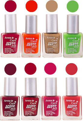 

Aroma Care Orange Matte Nail Polish Combo 0107201615 Maroon, Orange, Golden, Maroon, Green, Magenta, Light Orange, Red, Peach, Purple, Pink, Blue, Yellow, Black, Base Coat, Nude(Pack of 8)