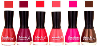 

Fashion Bar Long Stay Pack of 6 Unique Nail Polish Combo 301 Brownish pink , dark purple ,Neon pink , pink, Mazanta , Brown(Pack of 6)