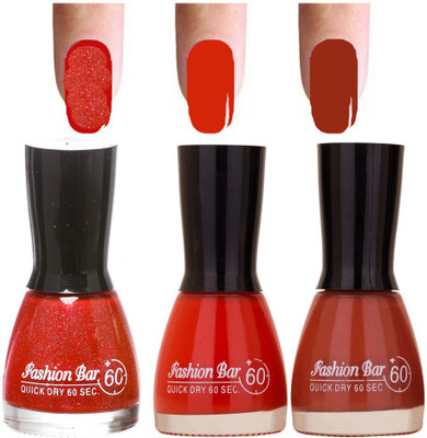 

Fashion Bar Red Shimmer Shades 3 of Pack Gorgeous Nail Polish Combo in 27 ml Peach:yellow:orange(Pack of 3)