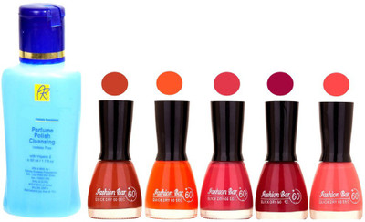 

Fashion Bar Nail Polish With Free Rythmx Nail Polish Remover Combo Offer (Neon Shades at Incredible Value) 1534 Musted,Orange,Pink,Mauve,baby Pink(Pack of 5)