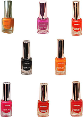 

Lorenza Combo Set-10 Nail Lacquer (Pack Of 8) Sunflower-262, Kiss Me-309, Vibrant-375, Funky-438, Las Veaas-472, Rred-515, Attitude-630, Black Diamond-900(Pack of 8)