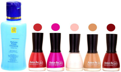 

Fashion Bar Nail Polish With Free Rythmx Nail Polish Remover Combo Offer (Neon Shades at Incredible Value) 1536 Musted,Rani Mazanta,White,Nude,Maroon(Pack of 5)