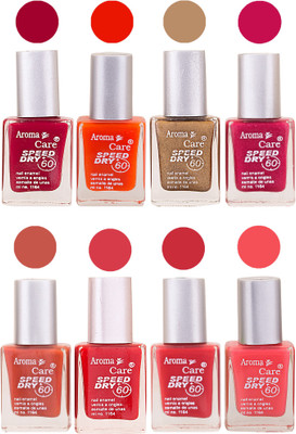

Aroma Care Orange Matte Nail Polish Combo 0107201645 Maroon, Orange, Golden, Maroon, Green, Magenta, Light Orange, Red, Peach, Purple, Pink, Blue, Yellow, Black, Base Coat, Nude(Pack of 8)